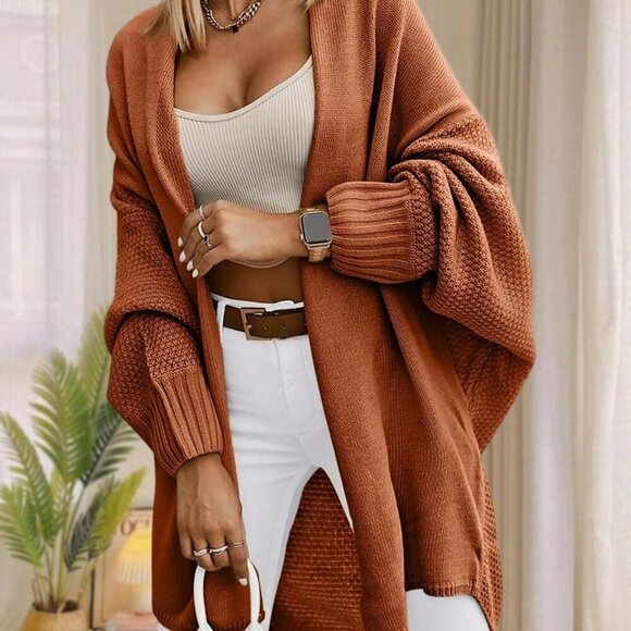 Brown Casual Women's Oversized Open Front Batwing Sleeve  Sweater Cardigan - Picture 1 of 6